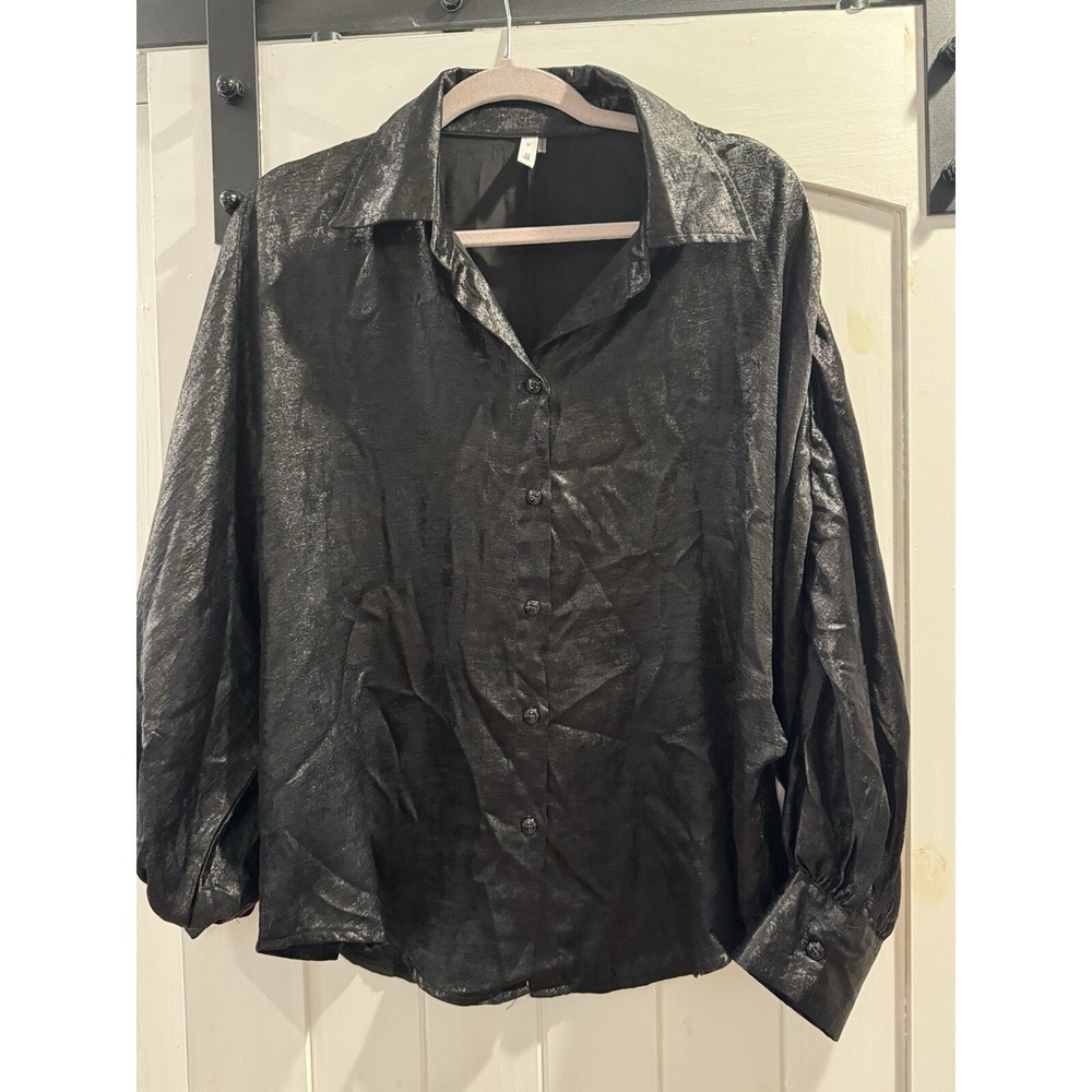 Glam Womens Button Up Shirt Long Sleeve Point Collar Polyester Black Shimmer Med